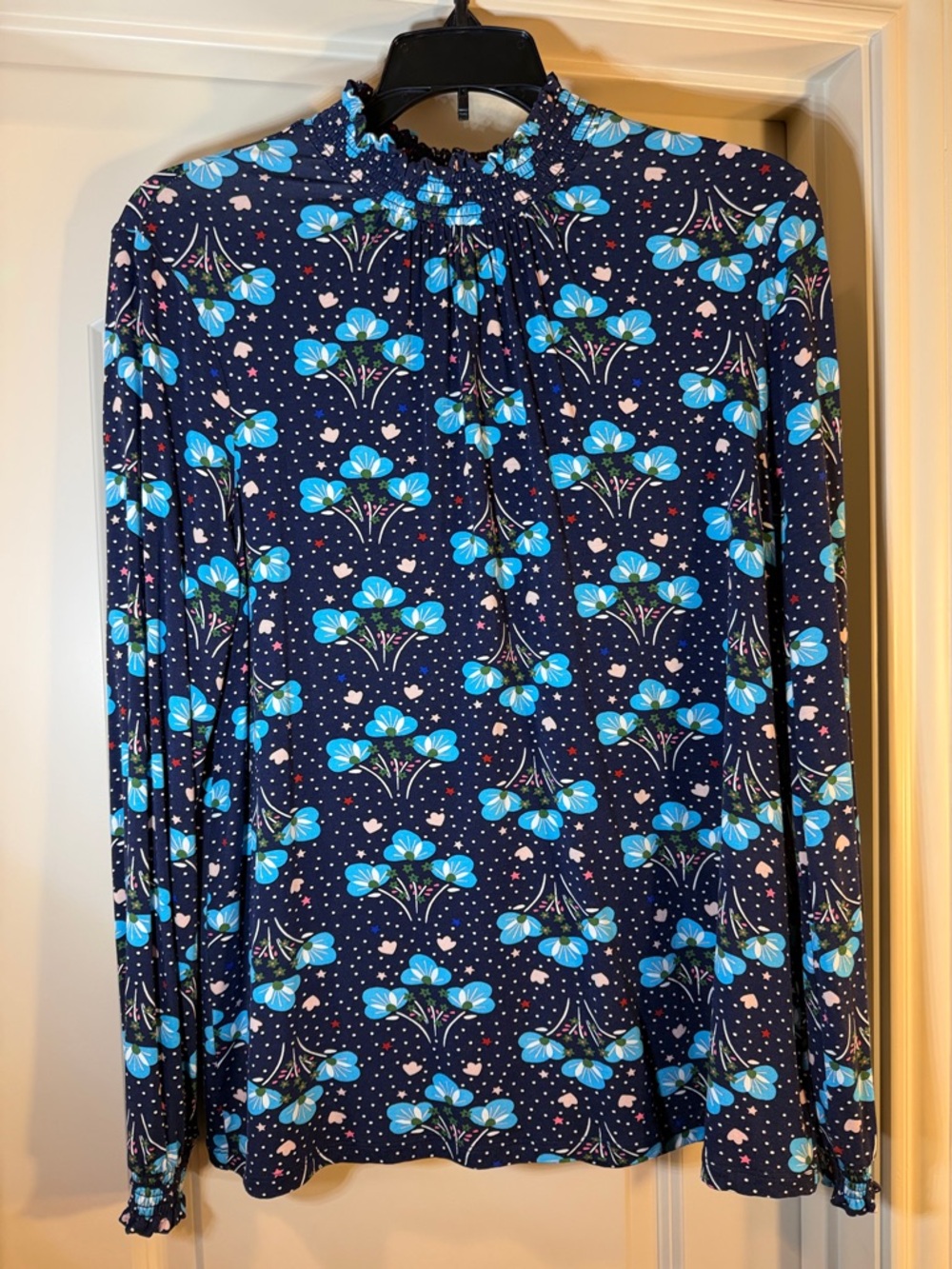 Boden Navy Floral High-Neck Blouse with Blue Flowers